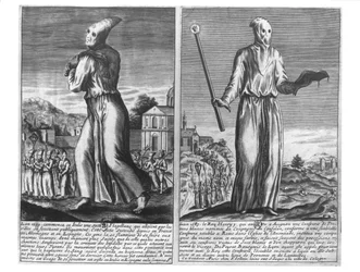 En flagellantmästare leder sin skara anhängare genom en stad, ur ”Ridderlighetens krönikor”, 1583